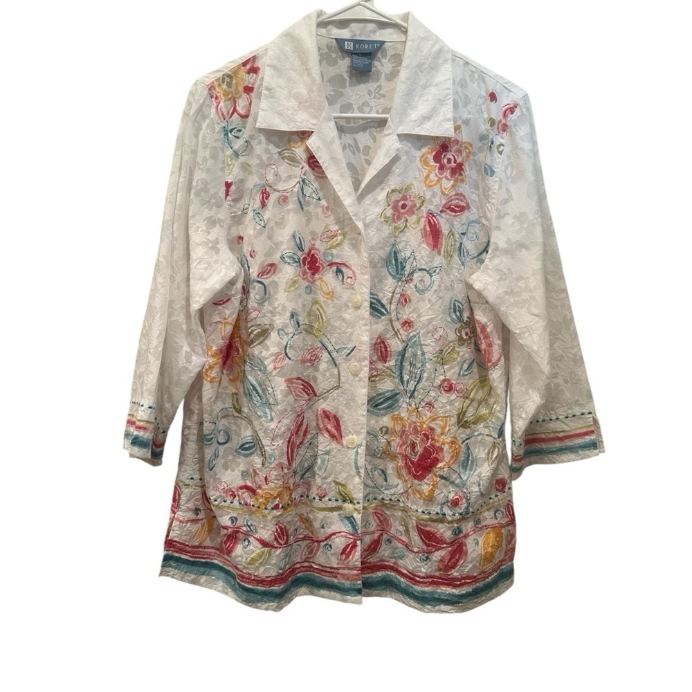 Koret White Blouse with Colorful Floral Design Mature Office Church Sz M